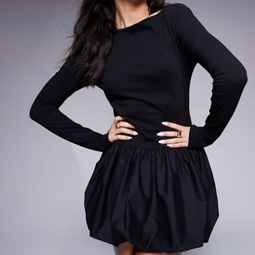 ASOS DESIGN puffball poplin mix mini dress in black